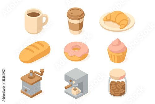 Isometric coffee and pastry icons with grinder and espresso machine
