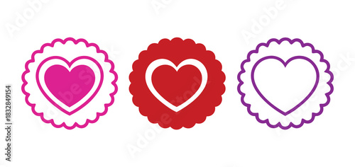 Three decorative heart icons in pink, red, and purple with scalloped edges on a white background
