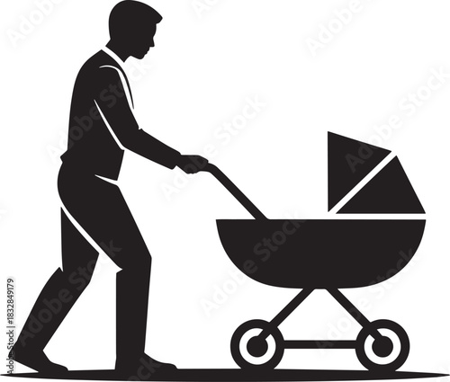 Silhouette of a man pushing a baby stroller simple flat illustration isolated on white background