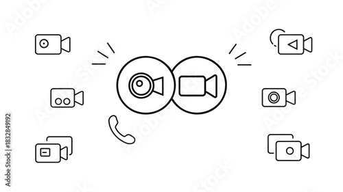 Collection of simple line art icons representing video calls cameras and communication perfect for digital interfaces and technology concepts