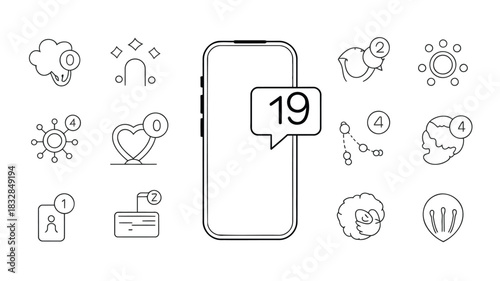 A collection of simple line art icons representing various notifications and app elements surrounding a smartphone outline with a notification bubble displaying the number nineteen