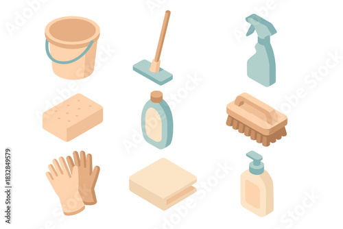 Glowing cleaning supplies arrangement with bucket, mop, spray, and soap