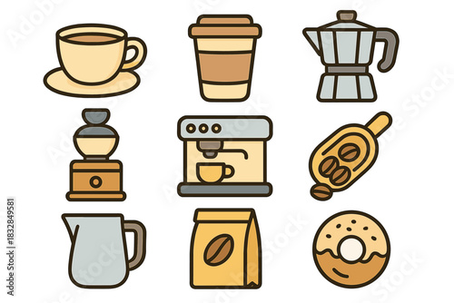 Coffee icon set with espresso machine, grinder, kettle, and cup illustrations