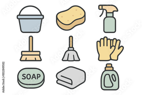 Cleaning tools icons: bucket, sponge, spray bottle, broom, gloves, soap, towel, detergent