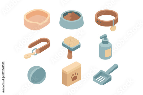 Isometric pet care essentials: food, grooming tools, collar, and more