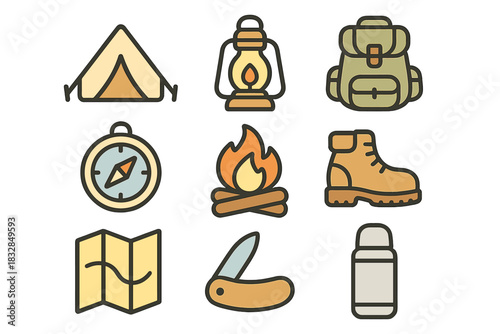 Camping icons: tent, lantern, backpack, compass, campfire, boots, map, knife, thermos