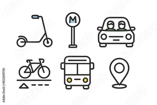 Icon set of urban transportation: scooter, car, bicycle, bus, metro sign, map pin