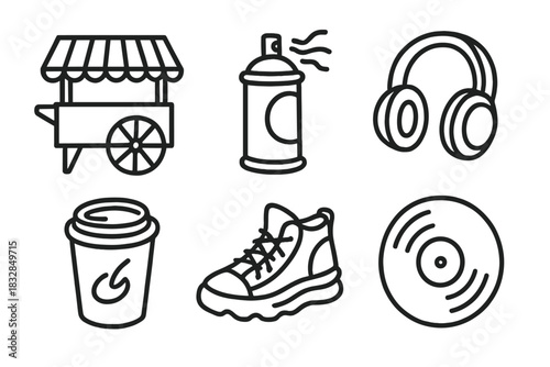 Silhouette icons of cart, spray can, headphones, coffee cup, shoe, vinyl record