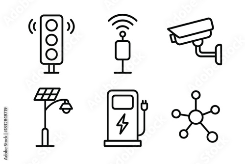 Smart city technology icons: traffic light, cctv, and more