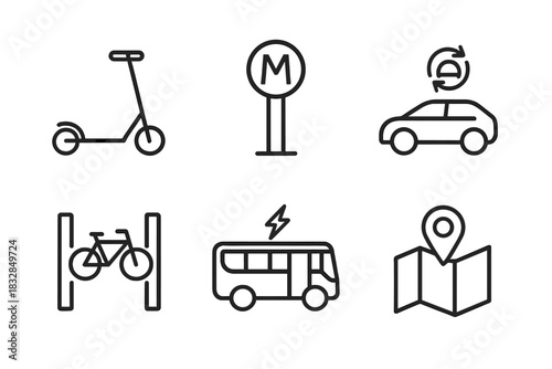 Transportation icons: scooter, metro, car, bicycle, bus, map