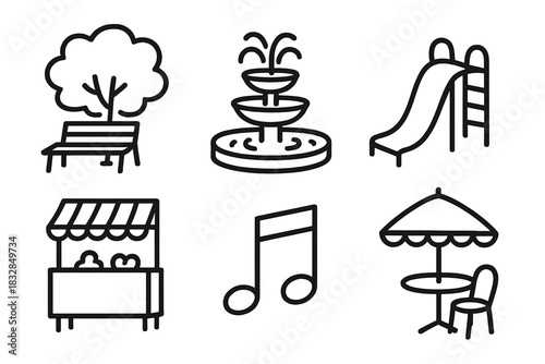Park icons: bench, fountain, slide, kiosk, music note, table