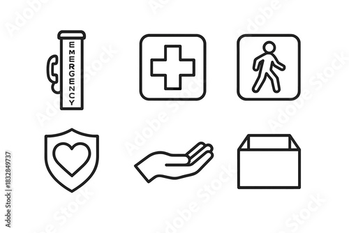 Emergency symbols: first aid, pedestrian, heart shield, hand, and box icon set
