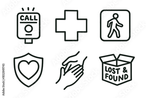 Emergency symbols with call button, first aid, pedestrian, heart shield, handshake, lost and found box