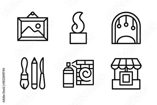Creative outline icons: art tools, sculpture, gallery, craft supplies