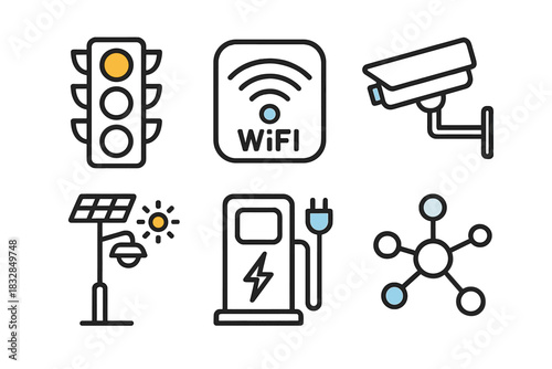 Smart city technology icons featuring traffic, wifi, cctv, solar, ev charging, iot