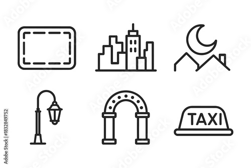 Urban icons: cityscape, lamp, taxi, moonlit night, sign, archway