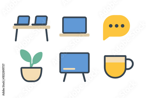 Neon office icons: laptops, chat bubble, plant, board, coffee