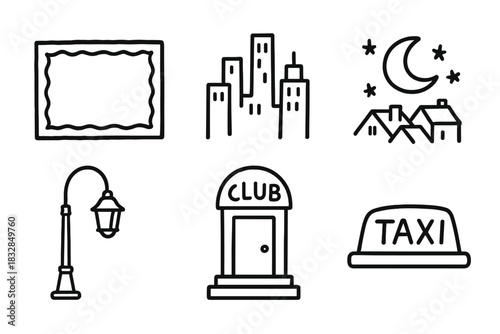 Urban night icons: cityscape, skyline, moon, streetlamp, taxi, club