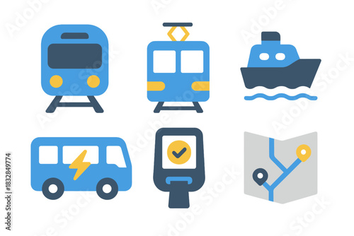 Stylized icons of public transportation system featuring train, tram, ferry, bus, ticket machine, and map