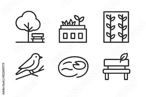 Minimalist black icons of nature and park elements on dark background