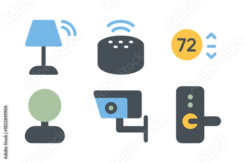 Smart home icons: lamp, speaker, thermostat, camera, lock - illustrated on dark background