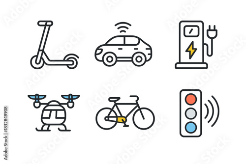 Eco-friendly transport icons: scooter, electric car, charging station, drone, bicycle, traffic light