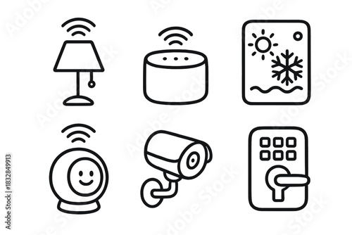 Smart home devices icons including lamp, speaker, thermostat, camera, lock
