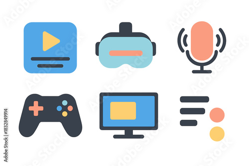 Colorful multimedia icons including controller, vr headset, microphone