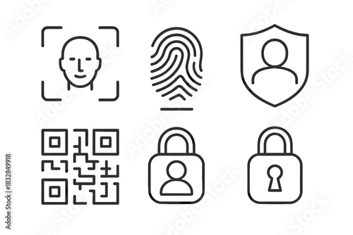 Biometric security icons: face scanning, fingerprint, shield, qr code, lock