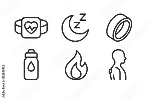 Icon set: fitness tracker, sleep, ring, water, fire, body symbols on dark background