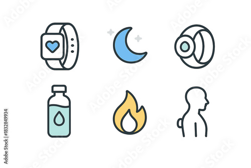 Graphic icons of fitness tracker, sleep, water, fire, breathing
