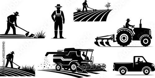 Farmers works in field, Farmer working, Farmer with vehicle silhouettes, Agriculture farmer silhouette, Agriculture farmer, Farmer with vehicle set