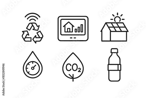 Eco-friendly technology icons: recycling, smart home, solar power, water conservation, co2 reduction, sustainable packaging