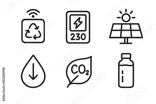 Renewable energy icons featuring solar panel, recycling, water conservation, and co2 reduction symbols