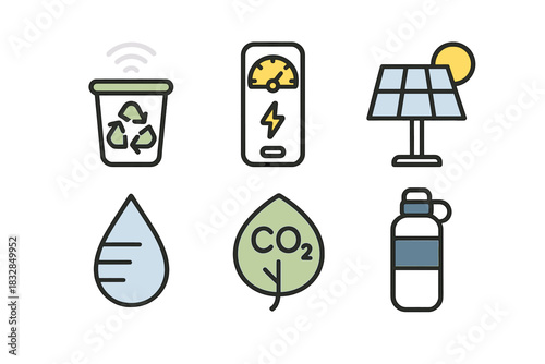 Eco-friendly icons depicting recycling, renewable energy, and conservation symbols