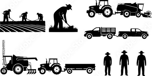 Farmers works in field, Farmer working, Farmer with vehicle silhouettes, Agriculture farmer silhouette, Agriculture farmer, Farmer with vehicle set