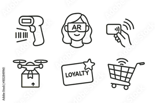 Icons depicting augmented reality shopping and drone delivery technology