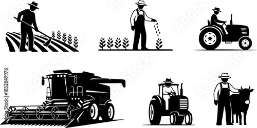 Farmers works in field, Farmer working, Farmer with vehicle silhouettes, Agriculture farmer silhouette, Agriculture farmer, Farmer with vehicle set