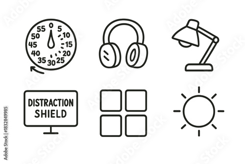 Minimalist black line icons on olive background - analog clock, headphones, lamp, screen, grid, sun