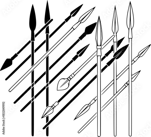 Spear silhouettes, Spear, Ancient spear, Ancient spear silhouette, Spear vector illustration set
