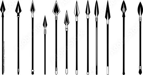 Spear silhouettes, Spear, Ancient spear, Ancient spear silhouette, Spear vector illustration set