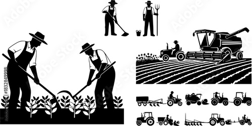 Farmers works in field, Farmer working, Farmer with vehicle silhouettes, Agriculture farmer silhouette, Agriculture farmer, Farmer with vehicle set