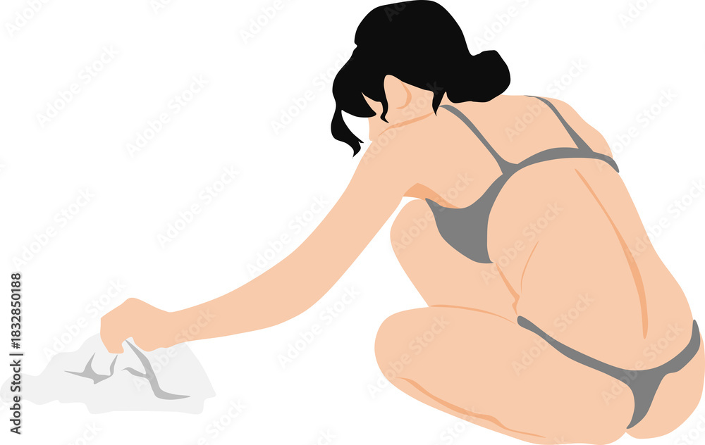 Fototapeta premium 雑巾がけをしている女性のイラスト