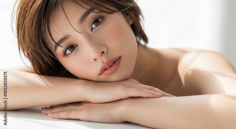 Fototapeta premium 透明感あふれる素肌：ナチュラルメイクの20代日本人女性モデルのクローズアップ