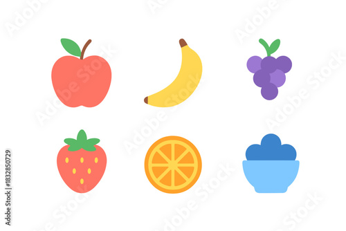Colorful neon fruit icons on dark background featuring apple banana grapes strawberry orange blueberries