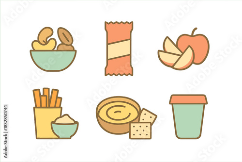 Assorted snack icons: nuts, bar, apple, fries, dip, and cup on gradient background