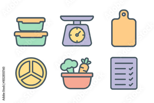 Colorful kitchen icons: containers, scale, cutting board, peace sign, vegetables, checklist