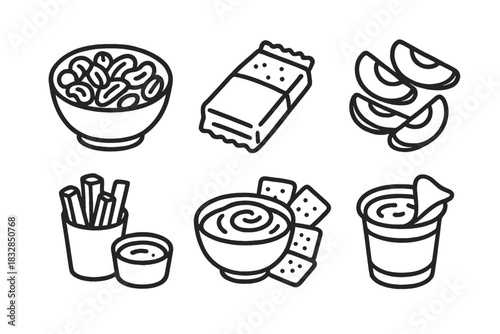 Hand-drawn icons of snacks including nuts, bar, chips, fries, dip, crackers, and salsa