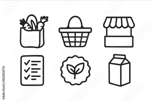 Grocery icon set: shopping, basket, market stall, checklist, organic, milk carton