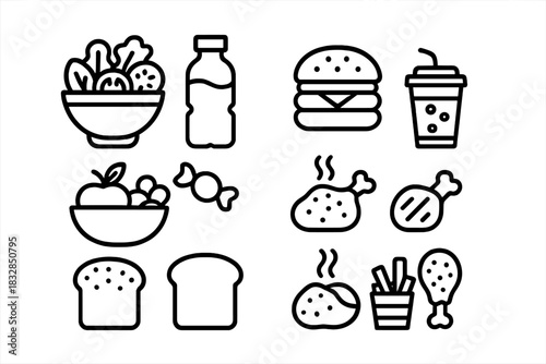 Icon set: fast food, beverages, salads, and fresh produce